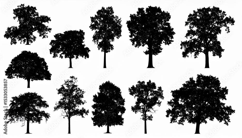 Fototapeta premium Oak tree set silhouette vector on white background