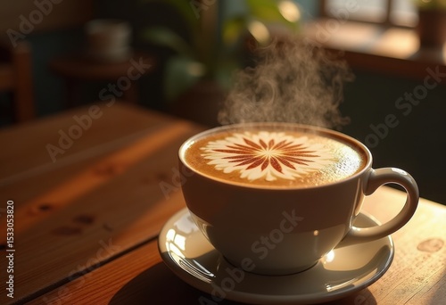 vibrant latte art design wooden countertop coffee shop aesthetic rustic warmth, espresso, cappuccino, cup, beverage, brew, milk, foam, froth, texture, aura