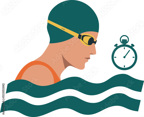 swimmer with green cap and goggles, stopwatch clip art preview
