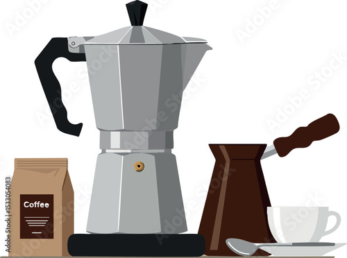 Moka pot coffee maker with coffee bag cezve cup and spoon vector illustration 