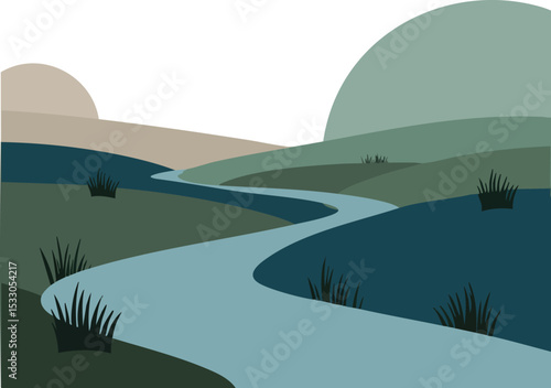 Curving river flowing through green hills with grass and pale sky vector illustration 