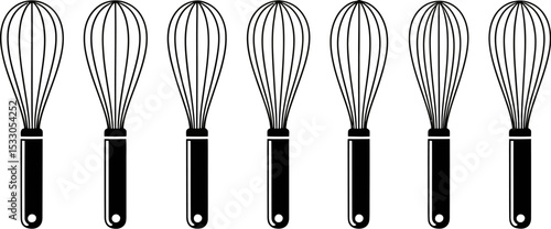 Seven black and white whisks aligned in a row on a light beige background in a simple design