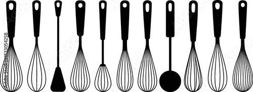 A minimalist illustration of kitchen utensils featuring whisks and a spatula on a light background