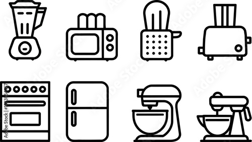 Illustration of various kitchen appliances including a blender oven fridge and stand mixers