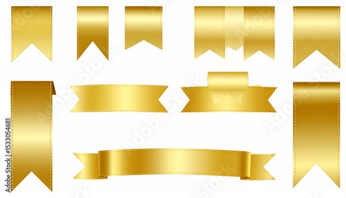 Set of gold banner label ribbons with white background. Generated by artificial intel