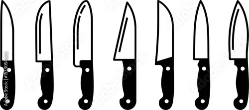 A graphic illustration of seven different kitchen knives lined up against a white background
