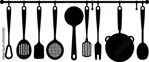 Silhouette of kitchen utensils hanging on a rod including spoons spatulas and a pot vector art