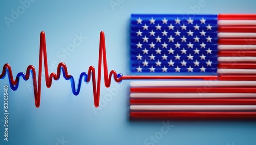 An ECG monitor with heartbeat line transforming into U.S. flag stripes, symbolizing American heart health and national care.