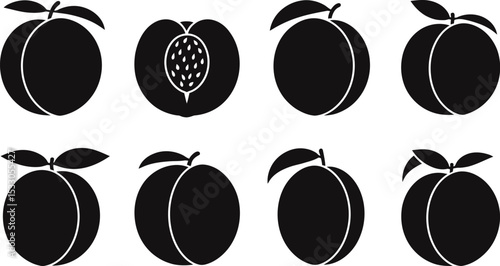 Eight peach icons in black silhouette, some with leaves and one with visible pit and seeds