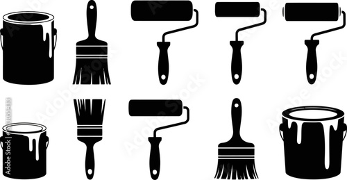 Illustration showing paint cans and paint rollers and paint brushes in black and white style
