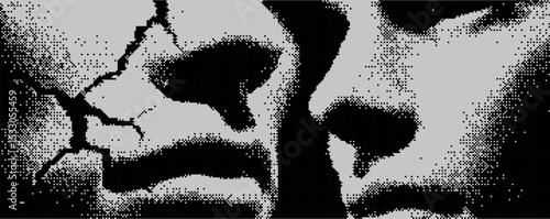 Two intertwined faces reveal emotion and conflict through abstract design in monochromatic tones depicting fractured identity