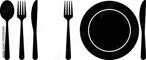 A black and white illustration of a place setting with a plate and silverware arranged neatly