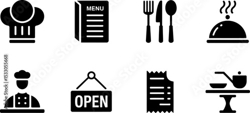 A collection of restaurant related icons including chef hat menu cutlery and open sign shown in black