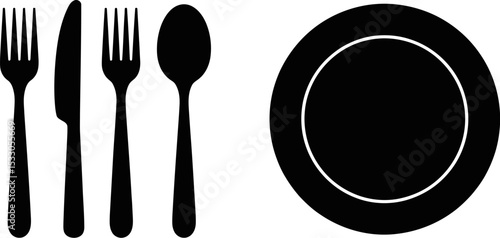 A black and white image showcasing two forks, a knife, a spoon, and a plate on a white background