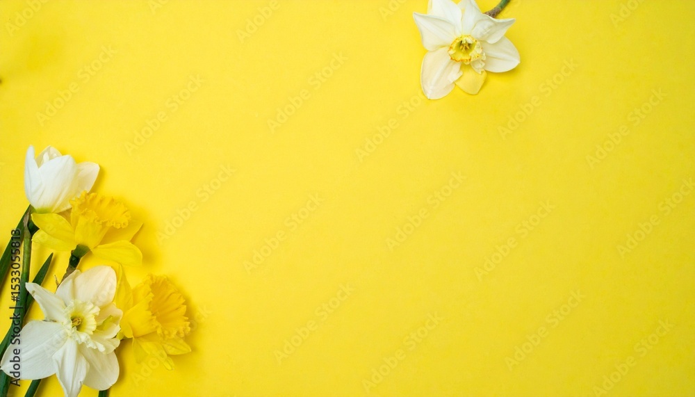 Fototapeta premium White and yellow spring flowers on yellow background