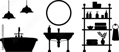 Silhouette illustration of bathroom fixtures including tub sink mirror and shelving unit