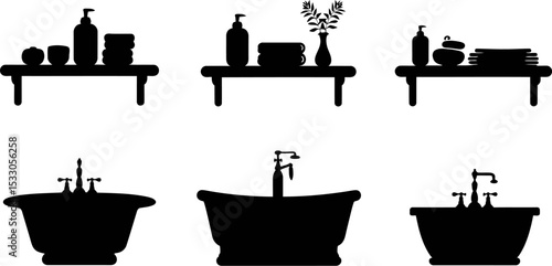Silhouette illustration of bathroom fixtures including bathtubs and shelves with toiletries