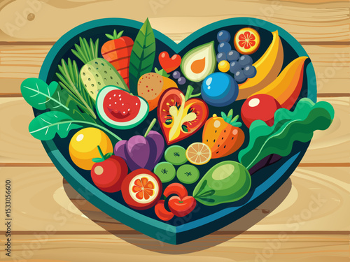 vector of A heart-shaped black earthenware bowl full of fresh fruits and vegetables is neatly arranged on the wooden table. Food choices promote heart health.