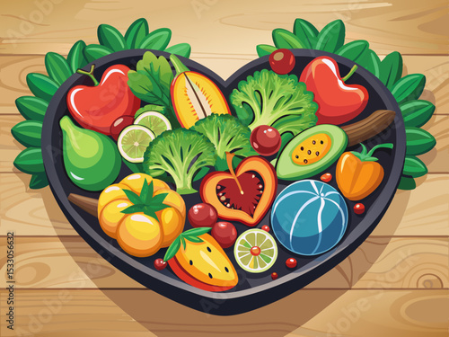 vector of A heart-shaped black earthenware bowl full of fresh fruits and vegetables is neatly arranged on the wooden table. Food choices promote heart health.
