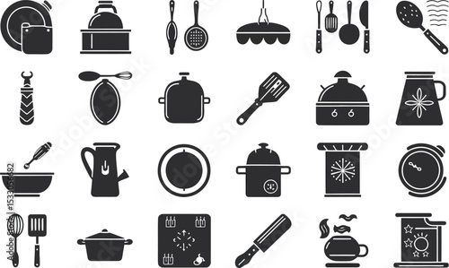 A monochrome collection of kitchen utensils and cooking equipment arranged in a grid pattern