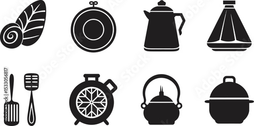 Collection of kitchenware and decorative items in black and white vector illustration style