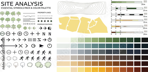 landscape architecture site analysis symbol icon element drawing graphic flat isolated vector. urban design element drawing