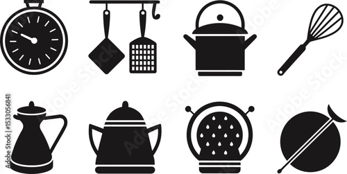 Illustration of kitchen utensils including a timer, spatulas, pots, whisk, and tea infuser