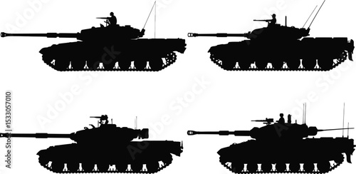 Four silhouettes of tanks displayed on a white background showcasing military vehicles in darkness