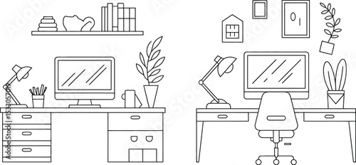 Two minimalist workspace setups with desks computers lamps plants and decorative elements drawn in line art