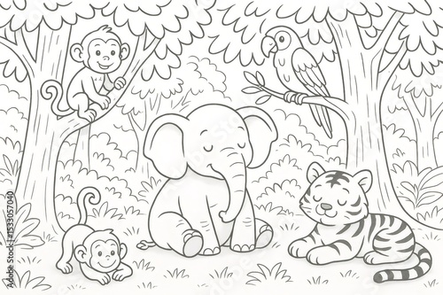 Elephant, tiger, monkeys and parrot are enjoying their time together in the jungle on this coloring page