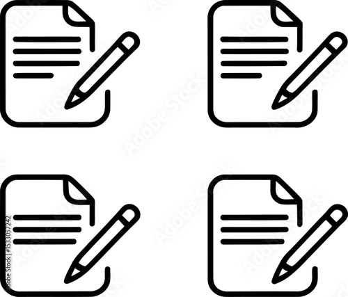 Four document icons with a pencil placed on each one arranged in a square formation on blue