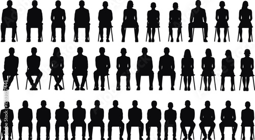 Silhouettes of people sitting on chairs arranged in rows against a white background image view