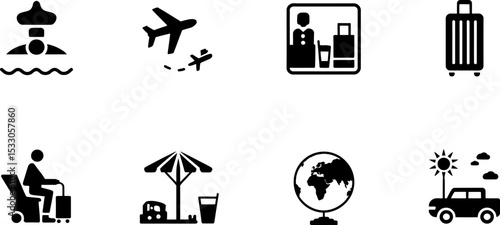 A collection of travel icons depicting swimming, flying, luggage, and vacation activities and icons