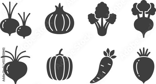 Illustration of various vegetables including beets onion broccoli pumpkin and carrot icons set up