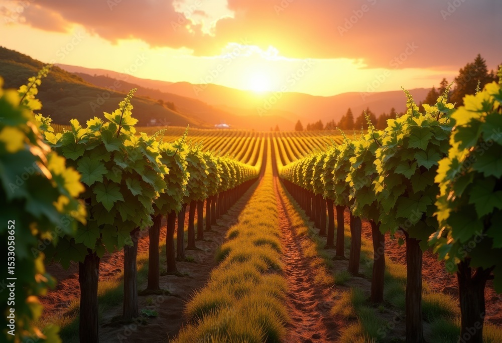 Fototapeta premium vibrant vineyard rows sunlit sunset scenery grapes nature landscape dreamy colors agricultural beauty, agriculture, field, light, sky, clouds, rural