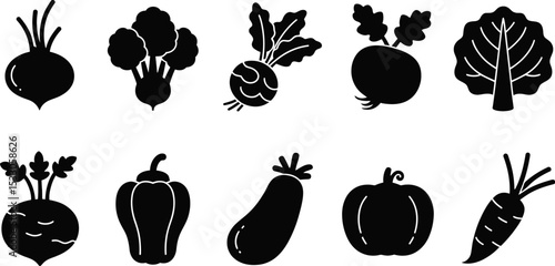 Illustration of ten different vegetables including beets broccoli and other garden produce