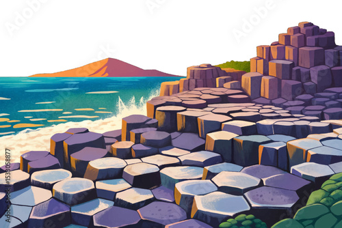 Giant’s Causeway in Northern Ireland, showcasing iconic hexagonal basalt columns, coastal cliffs, ocean waves, and geological natural wonder scenery