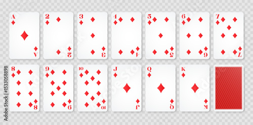 Playing cards diamond suit and back. Set of poker playing cards. Vector illustration