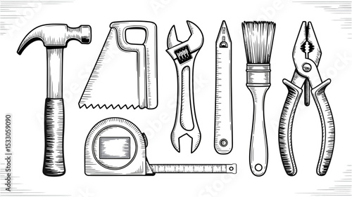 Illustration of various hand tools including hammer saw wrench ruler brush and pliers on white