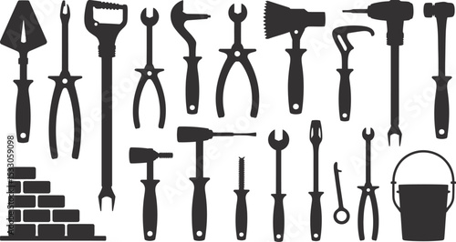 Silhouette illustration showcasing an assortment of construction and repair tools arrayed neatly