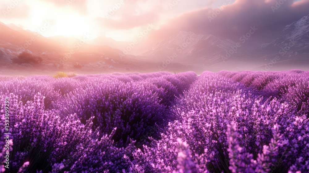 Fototapeta premium Lavender Field at Golden Hour with Misty Mountains — Dreamy Floral Landscape for Travel, Wellness, and Editorial Projects