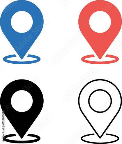 Illustration of four location pin icons in blue red black and outline on a white background