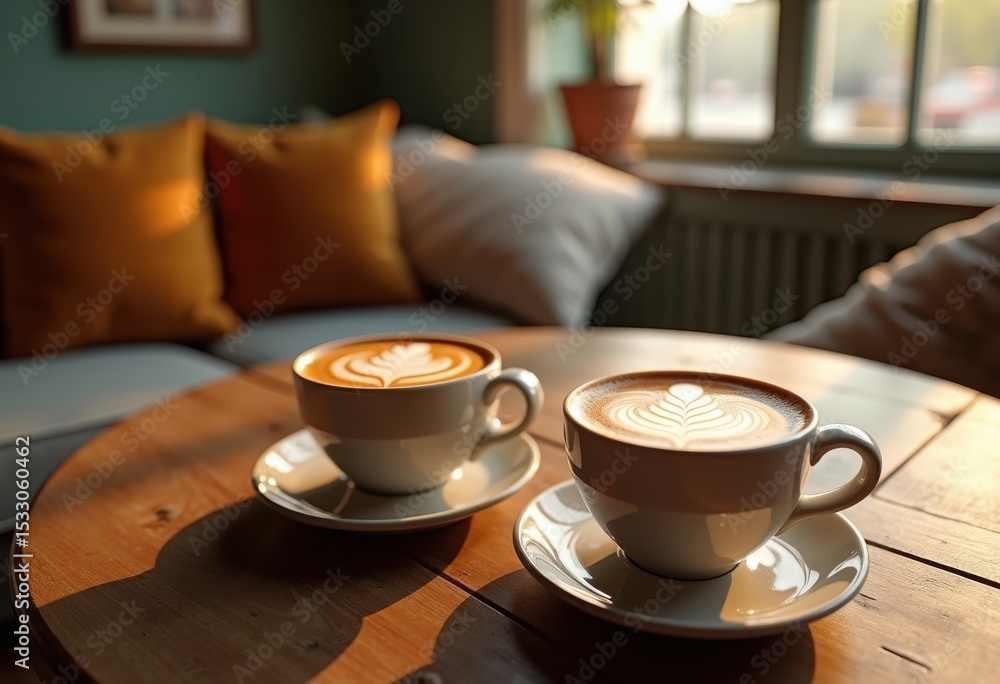Fototapeta premium twin coffee mugs vibrant latte art cozy scene warm drink aroma invitation comfort, beverage, steam, foam, pattern, texture, ceramic, sip, espresso