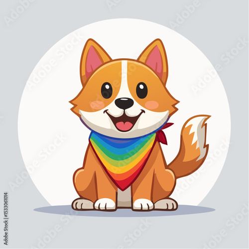 Smiling dog wearing a colorful rainbow bandana sits happily against a soft background, celebrating Pride Month with joyful expression and vibrant colors