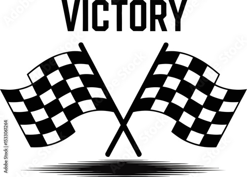 Two crossed checkered flags beneath the word victory on a white background illustration