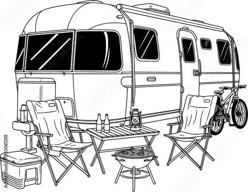 vector line illustration of a classic camper  travel trailer in an outdoor