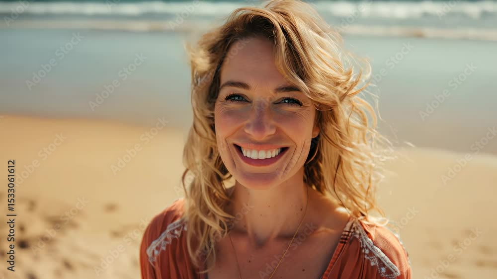 Smiling blond mature woman on ocean beach, happy joyful relaxed, wellness feeling Smiling blond mature woman on ocean beach, happy joyful relaxed, wellness feeling