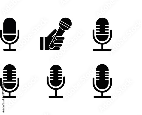 Illustration of six microphone icons including one held in a hand on a white background