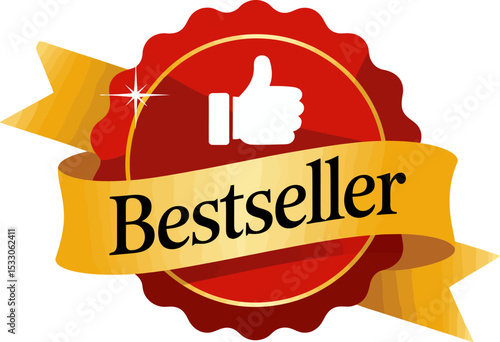 Illustration of a bestseller badge with a thumbs up icon on a gold and orange background