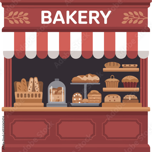Illustration of a bakery shop front with awning and baked goods on display shelves inside